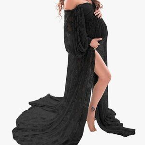 Black Lace Off Shoulder Doubly Split Maternity Maxi Dress for Photoshoot